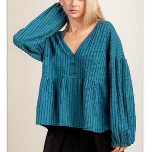 Boutique teal oversized ribbed knit babydoll Boho top